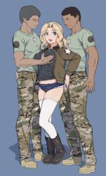 Rule 34 | 1girl, 2boys, black shirt, blonde hair, blue background, blue eyes, blue shorts, blush, breasts, girls und panzer, grabbing, grabbing another&#039;s breast, hetero, highres, huaronanago, kay (girls und panzer), large breasts, long hair, looking at viewer, military uniform, multiple boys, open mouth, saunders military uniform, shirt, short shorts, shorts, simple background, thighhighs, uniform, white thighhighs