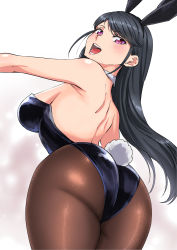 Rule 34 | :d, animal ears, ass, bare shoulders, black hair, black leotard, breasts, brown pantyhose, choker, fake animal ears, fake tail, from behind, highres, ishii hisao, large breasts, leotard, long hair, looking at viewer, open mouth, original, outstretched arms, pantyhose, playboy bunny, purple eyes, rabbit ears, rabbit tail, smile, spread arms, standing, tail, white choker