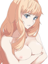 Rule 34 | 1girl, blonde hair, blue eyes, blush, breast rest, breasts, chikkinage nage, cleavage, collarbone, cropped arms, highres, long hair, macross, macross frontier, medium breasts, nipples, nude, sheryl nome, simple background, solo, sweatdrop, upper body, very long hair, white background