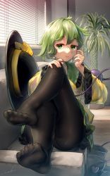 Rule 34 | 1girl, absurdres, black hat, black pantyhose, commentary, couch, crossed legs, facing viewer, feet, foot focus, foreshortening, frilled shirt collar, frilled skirt, frilled sleeves, frills, full body, green eyes, green hair, green skirt, hair between eyes, hand on own knee, hat, hat ribbon, heart, highres, indoors, koishi day, komeiji koishi, long sleeves, looking at viewer, on couch, panties, panties under pantyhose, pantyhose, reclining, ribbon, shirt, shoes, short hair, signature, skirt, smile, solo, toes, touhou, underwear, unworn hat, unworn headwear, unworn shoes, welt (kinsei koutenkyoku), wide sleeves, window blinds, yellow ribbon, yellow shirt