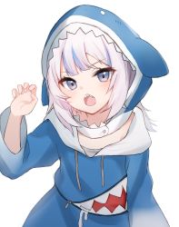Rule 34 | 1girl, :o, arm up, black eyes, blue hoodie, blunt bangs, gadeung hye, gawr gura, gawr gura (1st costume), highres, hololive, hololive english, hood, hood up, hoodie, light blush, long hair, looking at viewer, multicolored hair, open mouth, paw pose, sharp teeth, sidelocks, simple background, solo, streaked hair, teeth, upper body, virtual youtuber, white background, white hair