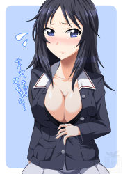 Rule 34 | 1girl, arm behind back, artist logo, black hair, blue background, blue eyes, blue jacket, blush, breasts, cleavage, closed eyes, commentary, flying sweatdrops, freckles, girls und panzer, highres, ichijou takakiyo, jacket, large breasts, light frown, long hair, long sleeves, looking at viewer, military, military uniform, miniskirt, ooarai military uniform, outside border, partially unbuttoned, pleated skirt, rounded corners, skirt, solo, standing, translated, uniform, white skirt, yamagou ayumi