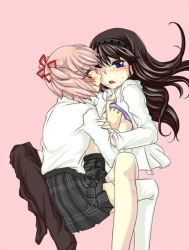 Rule 34 | 10s, 2girls, akemi homura, black hair, blush, clothes lift, clothes pull, d:, flat chest, grabbing, grabbing another&#039;s breast, hair ribbon, hairband, hand on another&#039;s chest, ichigen, kaname madoka, kiss, long hair, looking at another, mahou shoujo madoka magica, mahou shoujo madoka magica (anime), multiple girls, open clothes, open mouth, open shirt, pantyhose, pantyhose around one leg, pantyhose pull, pink background, pink eyes, pink hair, purple eyes, ribbon, saliva, saliva trail, school uniform, shirt, shirt lift, short twintails, simple background, skirt, sweat, tears, thighhighs, twintails, yuri