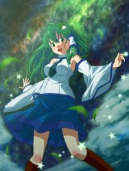 Rule 34 | 1girl, armpits, detached sleeves, female focus, frog hair ornament, fujino (yoshi9798174), green eyes, green hair, hair ornament, highres, kochiya sanae, leaf, long hair, long sleeves, looking at viewer, matching hair/eyes, necktie, open mouth, outstretched hand, shirt, skirt, skirt set, smile, snake, solo, star (symbol), touhou, wide sleeves, wind, wind lift