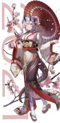 Rule 34 | 1girl, ;), absurdres, blush, branch, breasts, brown footwear, closed mouth, commentary request, dragon horns, dragon tail, flower, full body, highres, holding, holding umbrella, horns, japanese clothes, kimono, long sleeves, looking at viewer, medium breasts, new year, obi, oil-paper umbrella, one eye closed, original, pantyhose, personification, petals, print kimono, purple eyes, red umbrella, sandals, sash, shiranui (nisioisin sinob), silver hair, simple background, smile, solo, tabi, tail, twintails, umbrella, white background, white flower, white kimono, white pantyhose, wide sleeves, zouri