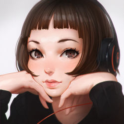 Rule 34 | 1girl, blunt bangs, bob cut, brown hair, cable, china dress, chinese clothes, closed mouth, dress, eyelashes, gradient background, grey background, grey eyes, head rest, headphones, ilya kuvshinov, looking at viewer, original, pink lips, portrait, short hair, solo, sweater
