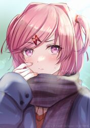 Rule 34 | 1girl, absurdres, artist name, blue coat, blurry, blurry background, blush, coat, doki doki literature club, hair ornament, hair ribbon, hairclip, hand on own face, highres, long sleeves, looking at viewer, mi tarou0412, natsuki (doki doki literature club), outdoors, pink eyes, pink hair, plaid, plaid scarf, purple scarf, ribbon, scarf, short hair, short twintails, sidelocks, solo, swept bangs, twintails, twitter username, upper body, winter clothes, winter uniform, x hair ornament