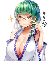 Rule 34 | 1girl, bad id, bad pixiv id, bare shoulders, bespectacled, blush, breasts, cleavage, closed mouth, collarbone, detached sleeves, frog hair ornament, glasses, green hair, hair ornament, japanese clothes, kochiya sanae, large breasts, long hair, long sleeves, looking at viewer, miko, red-framed eyewear, semi-rimless eyewear, smile, snake hair ornament, solo, touhou, tsukiriran, under-rim eyewear, upper body, white background, wide sleeves, yellow eyes