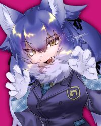 Rule 34 | 1girl, :d, animal ear fluff, animal ears, bad id, bad twitter id, black jacket, blue hair, breasts, claw pose, claws, dire wolf (kemono friends), fang, fur collar, gradient hair, hair between eyes, highres, inactive account, jacket, japari symbol, jmeysan, kemono friends, kemono friends v project, large breasts, long hair, long sleeves, looking at viewer, multicolored hair, open mouth, simple background, smile, solo, upper body, virtual youtuber, white hair, wolf ears, yellow eyes