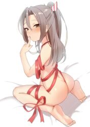 Rule 34 | 1girl, ass, bed sheet, between buttocks, blush, brown eyes, butt crack, finger in own mouth, fingernails, from behind, hair between eyes, high ponytail, highres, index finger raised, kantai collection, light brown hair, long hair, looking at viewer, naked ribbon, nude, red ribbon, ribbon, sakieko, soles, solo, toes, zuihou (kancolle)