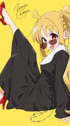 Rule 34 | 1girl, absurdres, ahoge, artist name, black dress, blonde hair, bocchi the rock!, choppy bangs, collared dress, detached ahoge, dress, from side, glasses, high heels, highres, ijichi nijika, knee up, leg up, long sleeves, looking at viewer, nun, open mouth, red eyes, red footwear, side ponytail, sidelocks, signature, simple background, sitting, sleeves past wrists, smile, solo, yellow background, yellow theme, zetsuyo chimayo