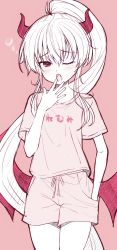 Rule 34 | 1girl, absurdres, bad id, bad pixiv id, blush, brown background, clothes writing, demon girl, demon horns, demon wings, evo grim, fang, grim aloe, hair between eyes, hand in pocket, hand up, high ponytail, highres, honami (yths4221), horns, long hair, monochrome, one eye closed, parted lips, ponytail, quiz magic academy, quiz magic academy the world evolve, red eyes, red wings, shirt, short shorts, short sleeves, shorts, sidelocks, simple background, solo, translation request, very long hair, wings, yawning