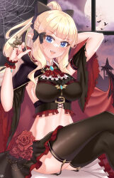 Rule 34 | 1girl, :d, absurdres, alternate costume, arada (corsair zero), bat (animal), black bow, black cape, black skirt, black thighhighs, blonde hair, blue eyes, blush, bow, breasts, bug, cape, elf, fangs, full moon, hair bow, halloween costume, highres, large breasts, looking at viewer, midriff, moon, nail polish, open mouth, pointy ears, princess connect!, red nails, saren (princess connect!), sidelocks, silk, sitting, skirt, smile, solo, spider, spider web, thighhighs, vampire, window