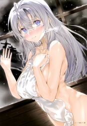 Rule 34 | 1girl, absurdres, bare shoulders, blue eyes, blush, breasts, breath, closed mouth, collarbone, covering privates, hand up, highres, holding, kou mashiro, large breasts, lips, long hair, looking at viewer, mole, mole under mouth, naked towel, nude cover, original, page number, scan, shiny skin, silver hair, snowing, solo, thighs, towel, upper body, window