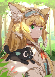 Rule 34 | 1girl, absurdres, animal, animal ear fluff, animal ears, animal on shoulder, arknights, black cat, blonde hair, blue hairband, cardigan, cat, cat on shoulder, chinese commentary, closed mouth, commentary request, crossover, fox ears, fox girl, frilled hairband, frills, green eyes, hair ornament, hair scrunchie, hairband, highres, long hair, looking at viewer, looking to the side, luo xiaohei, luo xiaohei zhanji, multicolored hair, neck ribbon, official alternate costume, red ribbon, ribbon, sao7, scrunchie, smile, suzuran (arknights), suzuran (spring praise) (arknights), two-tone hair, upper body, white hair, yellow cardigan