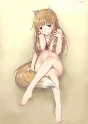 Rule 34 | 00s, 1girl, aisha callaaisha, animal ears, barefoot, breasts, crossed legs, feet, full body, gradient background, holo, nude, simple background, sitting, solo, spice and wolf, tail, wolf ears, wolf tail, yellow background