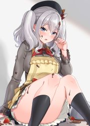Rule 34 | 1girl, apron, beret, black hat, black socks, blue eyes, blush, breasts, chocolate, collared shirt, food, fruit, grey shirt, grey skirt, hair between eyes, hat, kantai collection, kashima (kancolle), kerchief, kneehighs, large breasts, long sleeves, mixing bowl, natsume (natsume melio), neckerchief, open mouth, red neckerchief, shirt, short hair, silver hair, skirt, socks, solo, strawberry, twintails, yellow apron