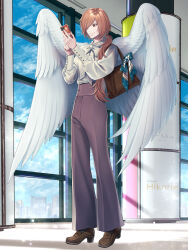 Rule 34 | 1boy, a hubert, angel wings, bag, bell-bottoms, blue bow, bow, bowtie, brown bag, brown eyes, brown footwear, brown hair, brown pants, chain paradox, city, cloud, cuff links, day, full body, hair over one eye, hair over shoulder, hair ribbon, handbag, high-waist pants, high heels, highres, holding, holding phone, indoors, loafers, long hair, long sleeves, looking at phone, low ponytail, male focus, pants, phone, pillar, red ribbon, ribbon, satono omo, shirt, shirt tucked in, shoes, smile, solo, standing, white bow, white bowtie, white shirt, white wings, window, wings