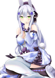 Rule 34 | 1girl, absurdres, animal ears, arm behind back, arm up, black thighhighs, blue hair, blush, breasts, closed mouth, commentary, dress, flower, girls&#039; frontline, green eyes, hair flower, hair ornament, hairclip, highres, hk416 (girls&#039; frontline), hk416 (herbal-flavored hard candy) (girls&#039; frontline), long hair, looking at viewer, medium breasts, nakaryo0404, official alternate costume, rabbit ears, rabbit tail, sidelocks, sitting, solo, tail, teardrop facial mark, teardrop tattoo, thighhighs, two-tone thighhighs, white background, white dress, white thighhighs