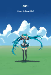 Rule 34 | 1girl, aqua hair, bad id, bad pixiv id, boots, character name, cloud, detached sleeves, closed eyes, floating hair, grass, happy birthday, harano, hatsune miku, long hair, necktie, open mouth, skirt, sky, solo, thigh boots, thighhighs, twintails, very long hair, vocaloid