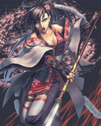 Rule 34 | 1girl, armor, bare shoulders, blue eyes, breasts, brown hair, cleavage, cuboon, fingerless gloves, floral print, gloves, hair ornament, japanese clothes, kanzashi, long hair, md5 mismatch, medium breasts, naginata, off shoulder, open mouth, petals, polearm, ponytail, sengoku taisen, solo, suwa hana, thighhighs, weapon, white thighhighs