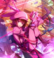 Rule 34 | 1girl, animal ears, animal hat, blush, boots, brazen, brown footwear, brown hair, building, bullpup, chestnut mouth, commentary request, falling, folded, from side, full body, gears, gloves, gun, handgun, hat, highres, holding, holding gun, holding weapon, laser, llenn (sao), long sleeves, looking at viewer, p-chan (p90), p-chan (sao), p90, pants, personal defense weapon, pink gloves, pink hat, purple eyes, rabbit ears, short hair, solo, submachine gun, sword art online, sword art online alternative: gun gale online, tears, weapon
