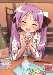 Rule 34 | 1girl, blush, bottle, brown ribbon, chopsticks, closed eyes, cup, elbow rest, food, hair ribbon, highres, hiiragi kagami, holding, holding cup, hotaru iori, indoors, long hair, long sleeves, looking at viewer, lucky star, open mouth, pov, purple hair, restaurant, ribbon, shirt, solo, table, twintails, white shirt