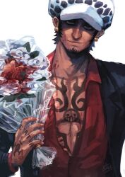 Rule 34 | 1boy, attyattlaw, black hair, black jacket, blood, blood on face, bouquet, chest tattoo, earrings, facial hair, flower, goatee, grey eyes, hand tattoo, happy valentine, heart (organ), highres, holding, holding bouquet, jacket, jewelry, looking at viewer, male focus, muscular, muscular male, one piece, open clothes, red shirt, shirt, short hair, solo, tattoo, trafalgar law, upper body, white flower, white headwear
