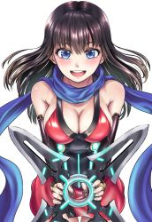 Rule 34 | 1girl, absurdres, blue scarf, blush, breasts, cover, cover page, dress, eyebrows hidden by hair, highres, holding, holding weapon, long hair, looking at viewer, manga cover, medium breasts, ninja, ninja tensei shinobi kill, official art, open mouth, red dress, scarf, shuriken, smile, solo, textless version, weapon, white background, yasumura yo