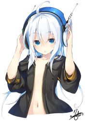 Rule 34 | 1girl, ahoge, arms up, black jacket, blue eyes, character request, coat, commentary request, cropped torso, dated, hair between eyes, headphones, highres, hood, hood down, hooded jacket, jacket, long hair, naked coat, nanaroku (fortress76), open clothes, open jacket, short sleeves, signature, simple background, solo, upper body, very long hair, white background, white hair, z/x