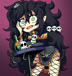 Rule 34 | 1girl, black hair, bottle, commission, fang, green eyes, hair ornament, hand on own face, kugasari-san, leaning on object, looking at viewer, open mouth, original, purple background, purple eyeshadow, setz, skull, skull hair ornament, smile, solo, table