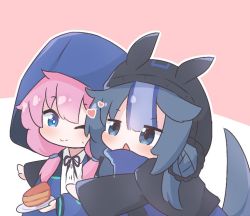 Rule 34 | 2girls, arknights, blue eyes, blue hair, blue poison (arknights), blush, bolo tie, cake, chibi, food, glaucus (arknights), heart, hood, hood up, hooded jacket, hug, hug from behind, jacket, kurotofu, long sleeves, low twintails, multicolored hair, multiple girls, one eye closed, pink hair, plate, streaked hair, tail, triangle mouth, twintails