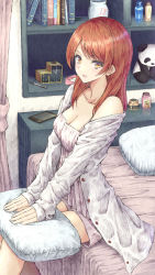 Rule 34 | 1girl, :d, aramachi, bed, blush, bookshelf, bottle, breasts, cellphone, cleavage, clock, collarbone, curtains, highres, hojo karen, idolmaster, idolmaster cinderella girls, indoors, jar, lingerie, long hair, long sleeves, looking at viewer, medium breasts, negligee, off shoulder, on bed, open mouth, pen, perfume bottle, phone, pillow, pink shorts, red hair, shirt, shorts, sidelocks, sitting, smartphone, smile, solo, stuffed toy, underwear, white shirt, yellow eyes
