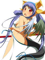 Rule 34 | 1girl, arc system works, asymmetrical wings, blue hair, breasts, cosplay, dizzy (guilty gear), dressing, guilty gear, large breasts, looking back, majikina mina, majikina mina (cosplay), mirano, red eyes, ribbon, samurai spirits, sideboob, snk, solo, tail, tail ornament, tail ribbon, wings