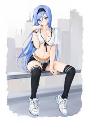 Rule 34 | 1girl, between legs, black shorts, black thighhighs, blouse, blue eyes, blue hair, breasts, chaesu, cleavage, closed mouth, crop top, front-tie top, frown, hairband, hand up, highres, long hair, looking at viewer, medium breasts, midriff, bae minah (chaesu), navel, original, shirt, shoes, short shorts, short sleeves, shorts, sitting, sneakers, solo, stomach, thighhighs, thighs, v-shaped eyebrows, very long hair, white footwear, white shirt, wristband