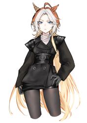 Rule 34 | 1girl, absurdres, aburi-gatana, ahoge, alternate costume, animal ears, arm at side, black gloves, black jacket, black pantyhose, blue eyes, cropped legs, ear covers, gloves, hand on own hip, highres, horse ears, jacket, long hair, long sleeves, looking at viewer, multicolored hair, orange hair, orfevre (umamusume), pantyhose, parted lips, shirt, simple background, single ear cover, solo, two-tone hair, umamusume, v-shaped eyebrows, white background, white hair, white shirt