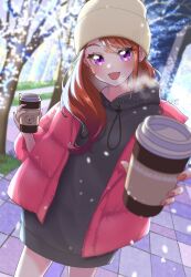 Rule 34 | 1girl, :d, black hoodie, blush, brown hair, coffee, coffee cup, commentary request, cup, disposable cup, eyelashes, happy, highres, hijiri ageha, hirogaru sky! precure, holding, holding cup, hood, hoodie, jacket, long hair, looking at viewer, moro precure, open mouth, pink eyes, pink jacket, precure, smile, snow, solo, standing, winter clothes
