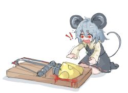 Rule 34 | !, !!, 1girl, animal ear fluff, animal ears, capelet, cheese, commentary, crystal, drooling, english commentary, food, grey hair, grey skirt, grey socks, grey vest, hair between eyes, jewelry, long sleeves, looking at food, medium hair, mouse ears, mouse girl, mouse tail, mousetrap, nazrin, no shoes, open mouth, pendant, red eyes, ribbon-trimmed skirt, ribbon trim, shirt, simple background, skirt, skirt set, socks, solo, sweatdrop, tail, touhou, vest, white background, white capelet, white shirt, wwparasi