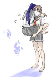Rule 34 | 2girls, barefoot, blue eyes, blue hair, carrying, carrying person, cnim (js4hyun), commentary request, holding, hug, korean commentary, leg lock, lifting another&#039;s clothes, lifting person, love live!, love live! sunshine!!, matsuura kanan, multiple girls, school uniform, simple background, standing, tagme, translation request, watanabe you, white background