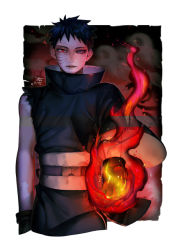 Rule 34 | 1boy, black gloves, black hair, fire, gloves, looking at viewer, male focus, mum, naruto, naruto (series), rinnegan, scar, sharingan, solo, spiked hair, torn clothes, torn sleeves, uchiha obito