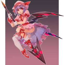 Rule 34 | 1girl, ass, bad id, bad pixiv id, ballet slippers, bat wings, dress, full body, gloves, gradient background, hat, hat ribbon, leg ribbon, mk-5, mob cap, open mouth, panties, pantyshot, pink dress, pointy ears, puffy sleeves, purple hair, red eyes, remilia scarlet, ribbon, sash, short hair, short sleeves, single thighhigh, solo, spear the gungnir, thighhighs, touhou, underwear, white gloves, white panties, white thighhighs, wings, wrist cuffs