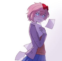 Rule 34 | 1girl, :d, blue eyes, blue skirt, blush, bow, commentary, crying, crying with eyes open, doki doki literature club, from side, gradient background, grey background, grey jacket, hair between eyes, hair bow, hand on own chest, jacket, long sleeves, looking at viewer, nan (gokurou), open clothes, open jacket, open mouth, paper, pleated skirt, purple hair, red bow, sayori (doki doki literature club), school uniform, short hair, simple background, skirt, smile, solo, tears, twitter username