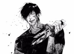 Rule 34 | 1boy, bleeding, blood, blood on face, bloody weapon, dagger, fushiguro touji, greyscale, hair over one eye, hand up, highres, holding, holding dagger, holding knife, holding weapon, injury, jujutsu kaisen, knife, male focus, monochrome, nosebleed, one eye covered, open mouth, reverse grip, shirt, short hair, short sleeves, simple background, smile, solo, tongue, tongue out, twitter username, weapon, yud79317724