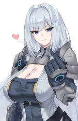 Rule 34 | 1girl, absurdres, black gloves, blue eyes, breast tattoo, breasts, cleavage, cleavage cutout, closed mouth, clothing cutout, come hither, crimecrime, ethel (xenoblade), gloves, heart, highres, huge breasts, long hair, looking at viewer, simple background, smile, solo, tattoo, upper body, very long hair, white background, xenoblade chronicles (series), xenoblade chronicles 3