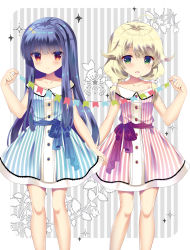 Rule 34 | 2girls, :d, bare shoulders, blonde hair, blue dress, blue hair, brown eyes, closed mouth, collarbone, commentary request, dress, green eyes, highres, holding, idolmaster, idolmaster cinderella girls, long hair, looking at viewer, low twintails, multiple girls, off-shoulder dress, off shoulder, open mouth, pink dress, sajo yukimi, smile, string of flags, striped background, striped clothes, striped dress, takashina asahi, twintails, vertical-striped clothes, vertical-striped dress, very long hair, yusa kozue
