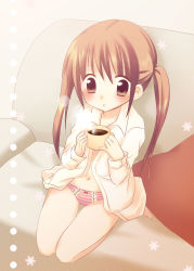 Rule 34 | 1girl, aino036, aino osaru, blush, brown eyes, brown hair, dress shirt, highres, long hair, navel, open clothes, open shirt, oversized clothes, panties, seiza, shirt, sitting, solo, striped clothes, striped panties, tea, twintails, underwear