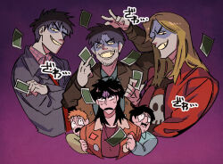 Rule 34 | 6+boys, andou mamoru, blonde hair, brown hair, brown jacket, card, commentary request, frown, funai, furuhata takeshi, glasses, gloom (expression), grin, highres, holding, holding card, hyena (kaiji), inudori, itou kaiji, jacket, kaiji, kitami (kaiji), long hair, looking at another, male focus, medium bangs, multiple boys, open mouth, parted bangs, pink shirt, plaid, plaid shirt, playing card, print shirt, purple background, red jacket, shaded face, shirt, short bangs, short hair, skull print, smile, upper body, zawa (onomatopoeia)