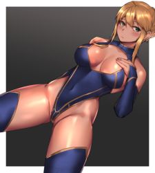 Rule 34 | 1girl, artoria pendragon (fate), artoria pendragon (lancer) (fate), averting eyes, bare shoulders, black background, blonde hair, blue gloves, blue leotard, blue thighhighs, blush, border, braid, braided bun, breasts, breasts apart, bridal gauntlets, cleavage cutout, closed mouth, clothing cutout, covered navel, cowboy shot, elbow gloves, fate/grand order, fate (series), female focus, gloves, gradient background, green eyes, groin, hair bun, hand on own chest, hand up, heattech leotard, highres, legs apart, leotard, looking to the side, medium breasts, medium hair, outside border, pizzalover12, shiny skin, shy, sidelocks, simple background, solo, standing, thighhighs, thighs, turtleneck, white border