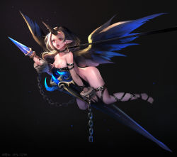 Rule 34 | 1girl, 2016, absurdres, arm belt, bare shoulders, barefoot, belt, black wings, breasts, brown hair, chain, collar, commentary, dated, full body, highres, holding, horns, leash, long hair, medium breasts, open mouth, original, personification, pointy ears, red eyes, signature, single horn, solo, unicorn, wings, yeonjun park