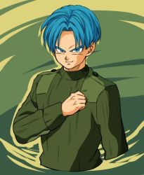 Rule 34 | 10s, 1boy, blue eyes, blue hair, clenched hand, dragon ball, dragon ball super, dragonball z, green background, green shirt, long sleeves, looking at viewer, male focus, official style, petagon, shirt, short hair, simple background, smile, solo, trunks (dragon ball), trunks (future) (dragon ball)